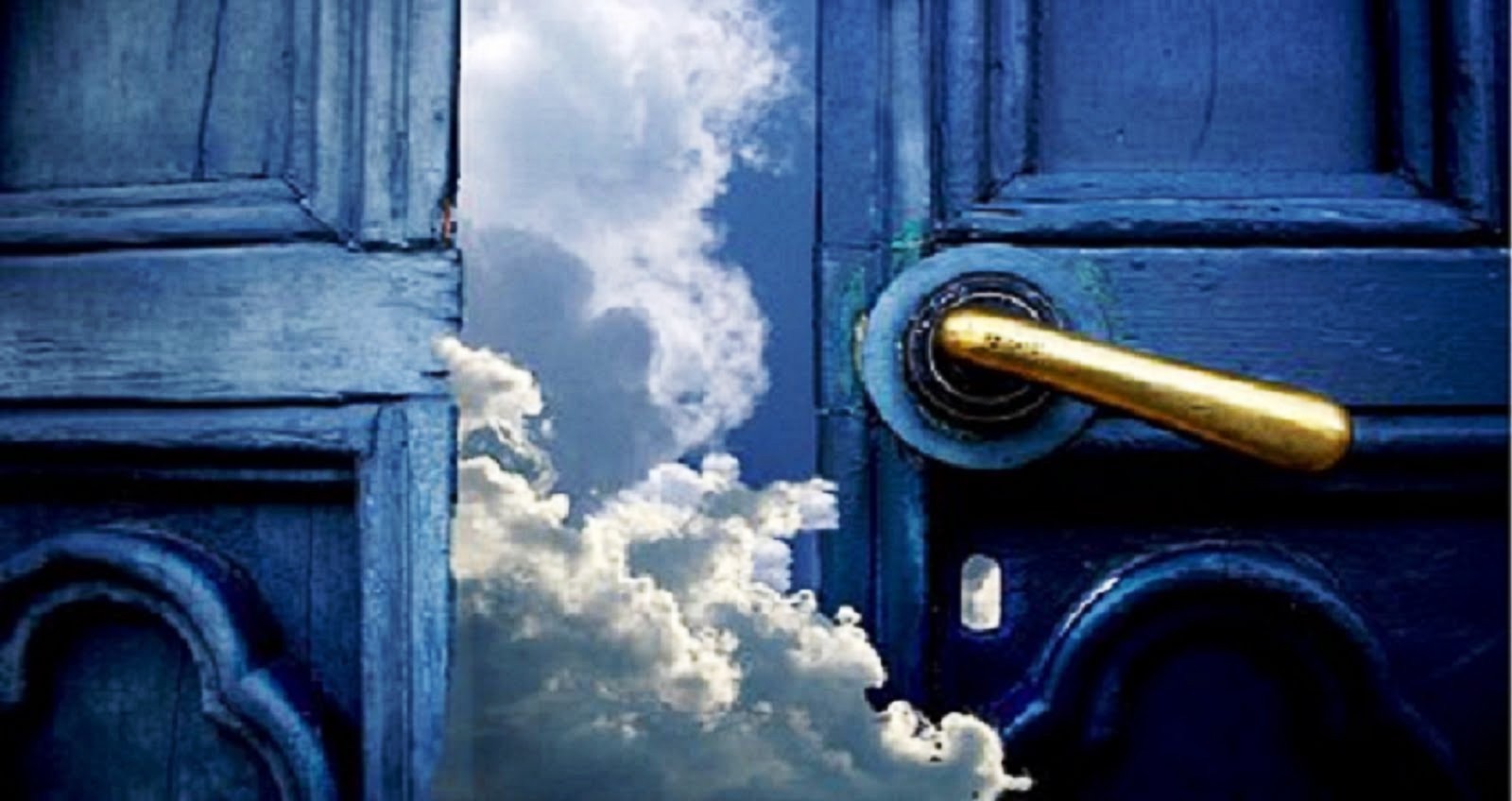 Open blue door with blue sky filled with clouds on the other side.